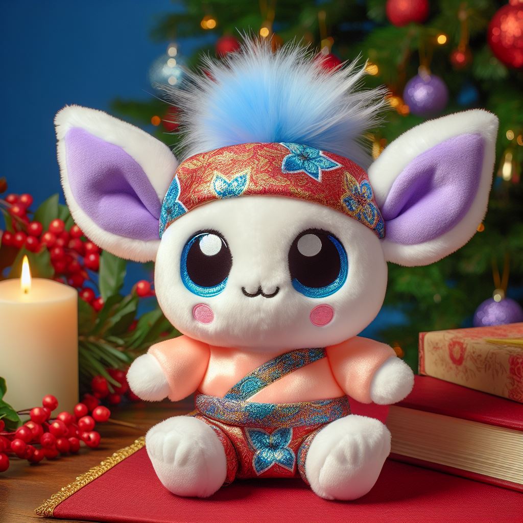 A custom stuffed animal kept on a table with New Year's decorations.