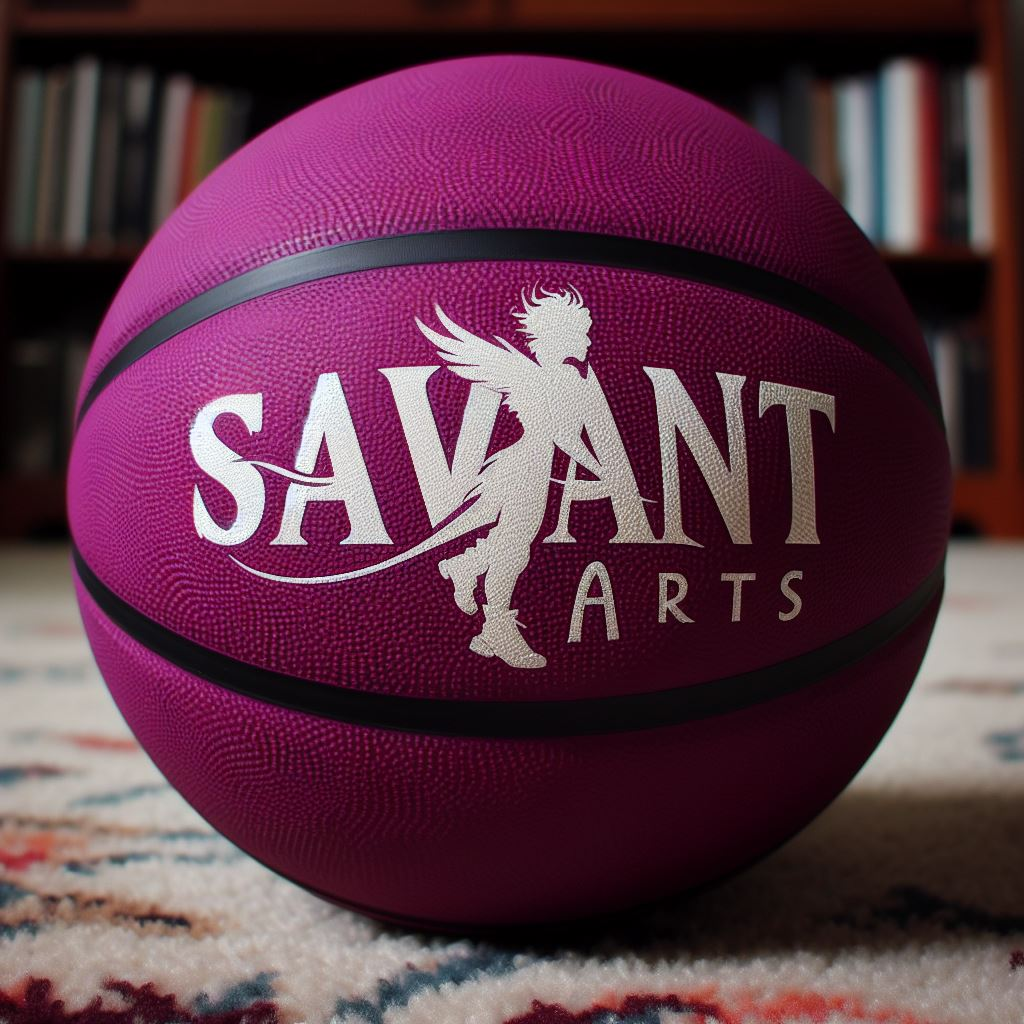 A custom basketball with a logo lying on the floor. The logo is a mix of text and a picture.