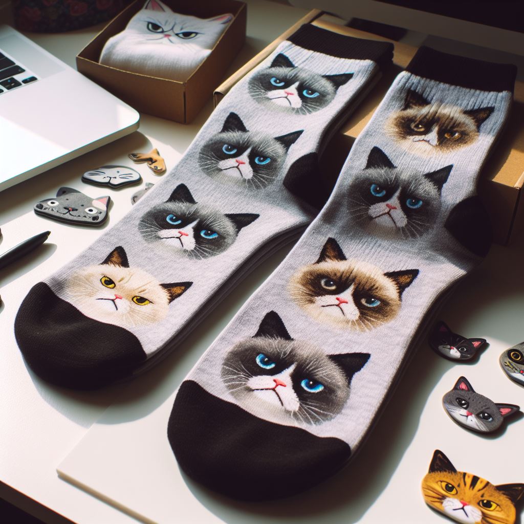 Trending custom socks on TikTok with images of grumpy cats lying on a table.