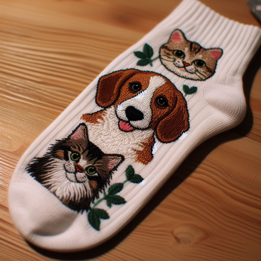 A custom sock with images of dog and cat embroidered on it. It is kept on the floor.