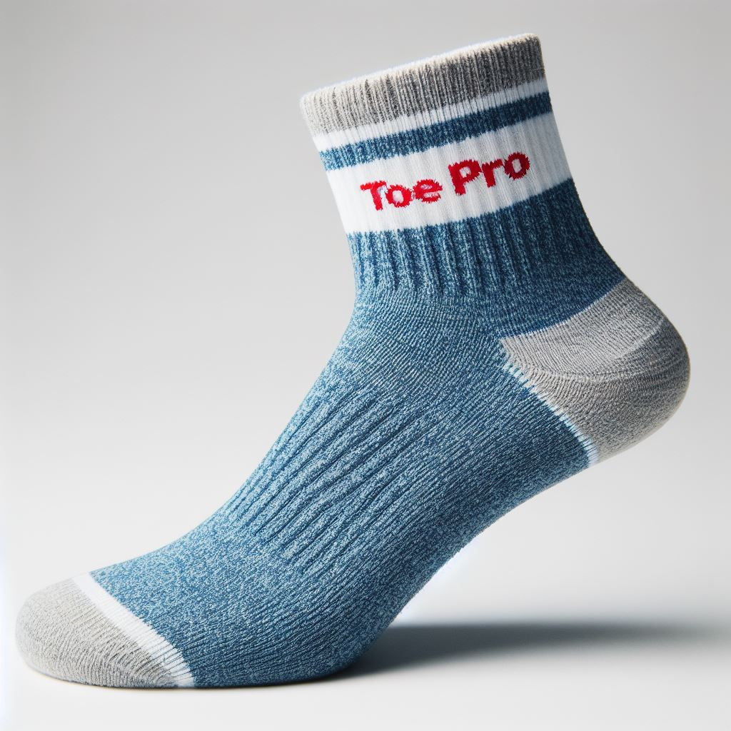 A blue and gray custom logo sock.