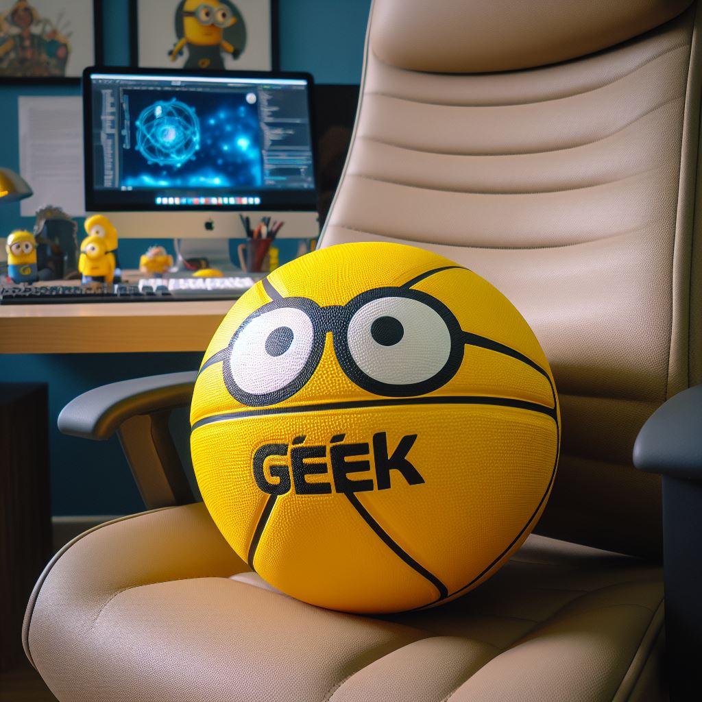 A yellow custom basketball with text on a chair.