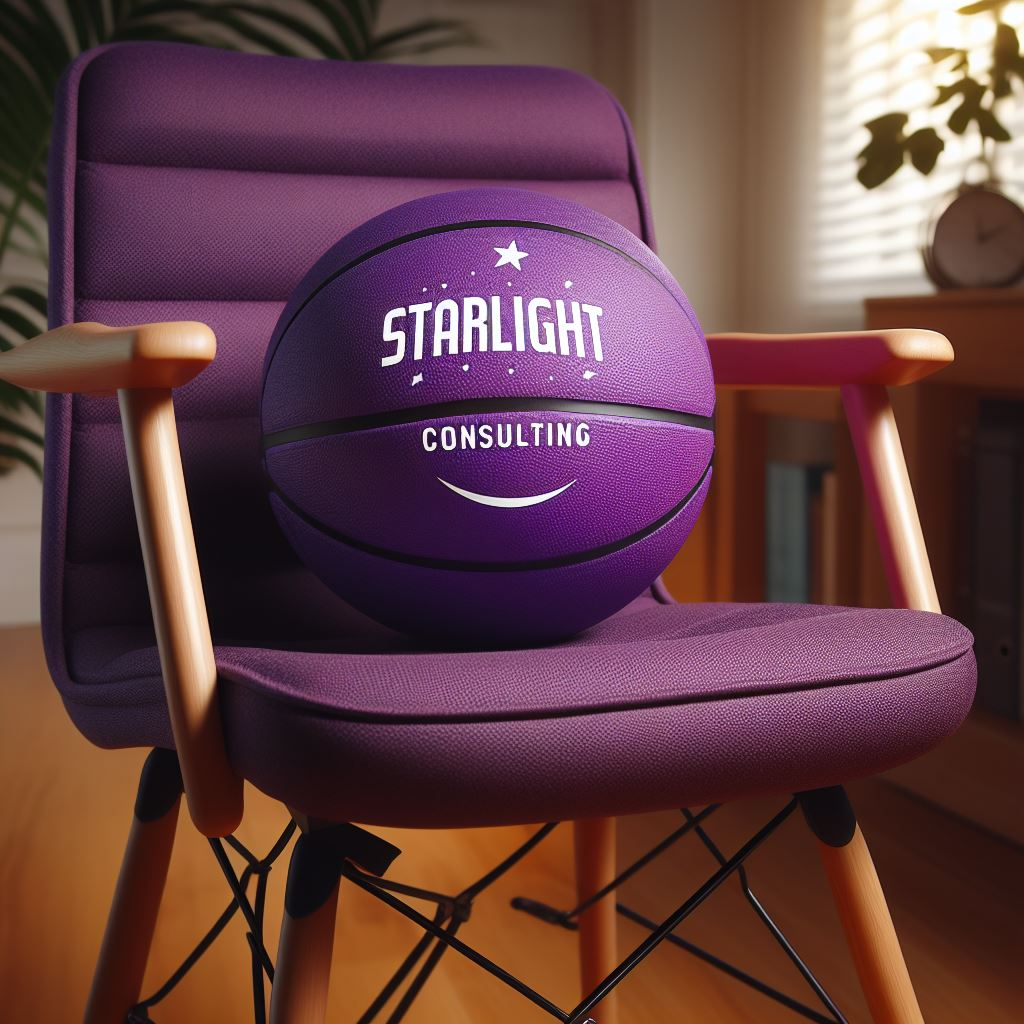 A purple customized basketball with the company's logo on a chair.