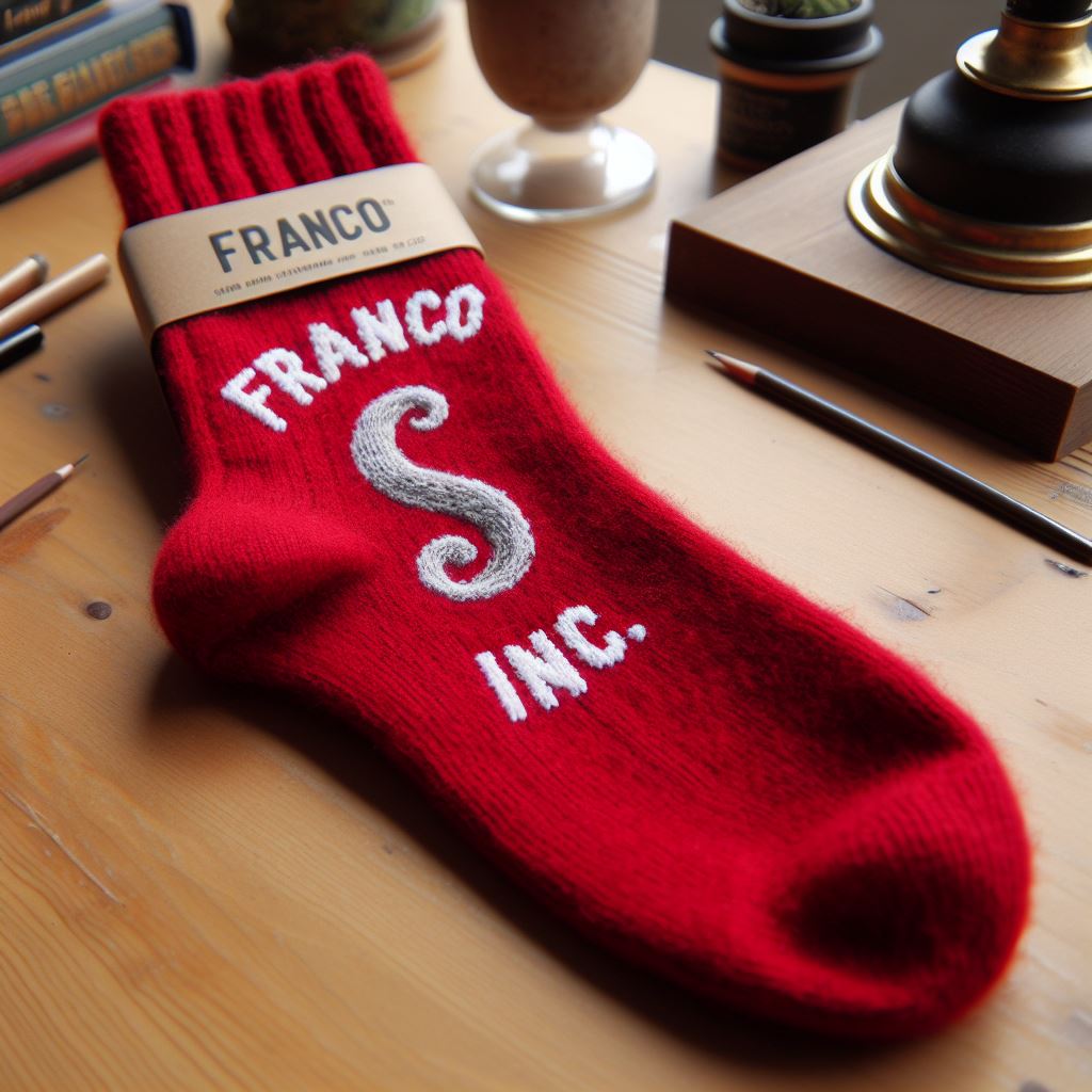 A red woolen custom sock is lying on a table. It has the logo of the company on it.
