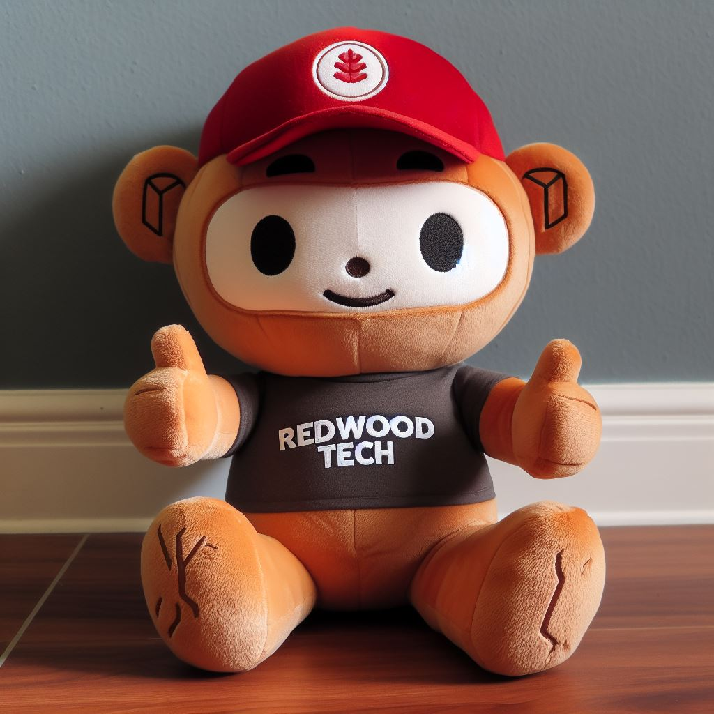 A customized plush mascot for a tech company. It is sitting on the floor wearing a red cap and a gray t-shirt with the company's logo.