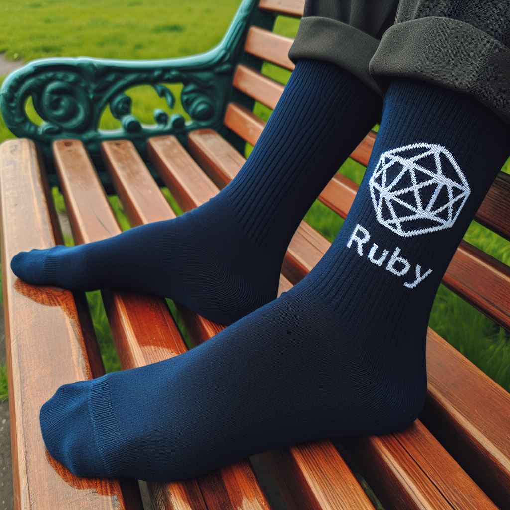 A person wearing a navy-colored custom logo sock sitting on a park bench.