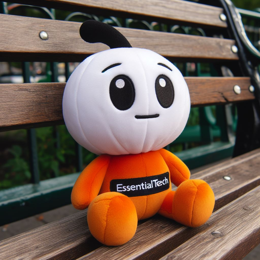 A red and white custom plushie for a company with its logo on its chest. It is sitting on a park bench.