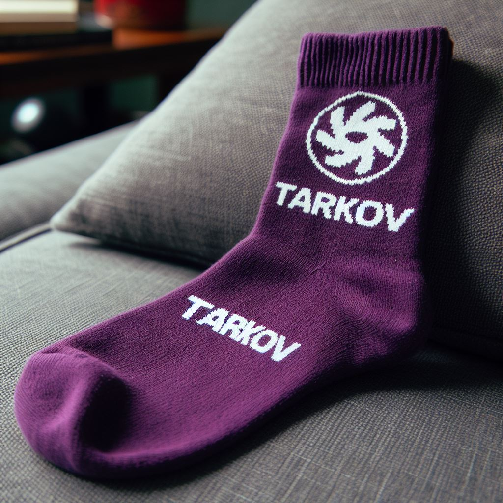 A purple-colored custom logo sock is lying on a sofa.