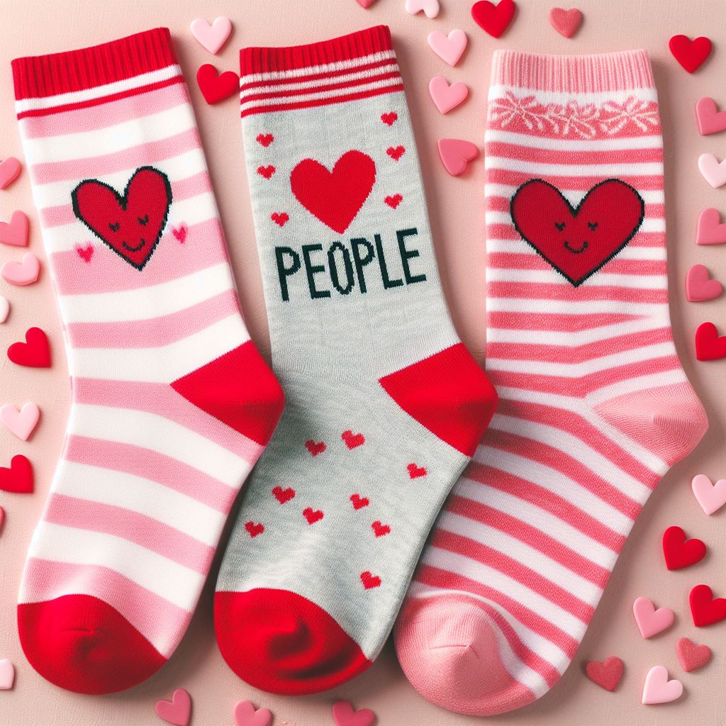 Three different custom socks for Valentine's Day.