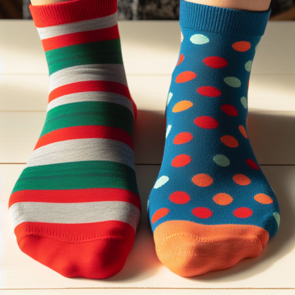 A person wearing mismatched custom, one is striped and the other is polka dotted.