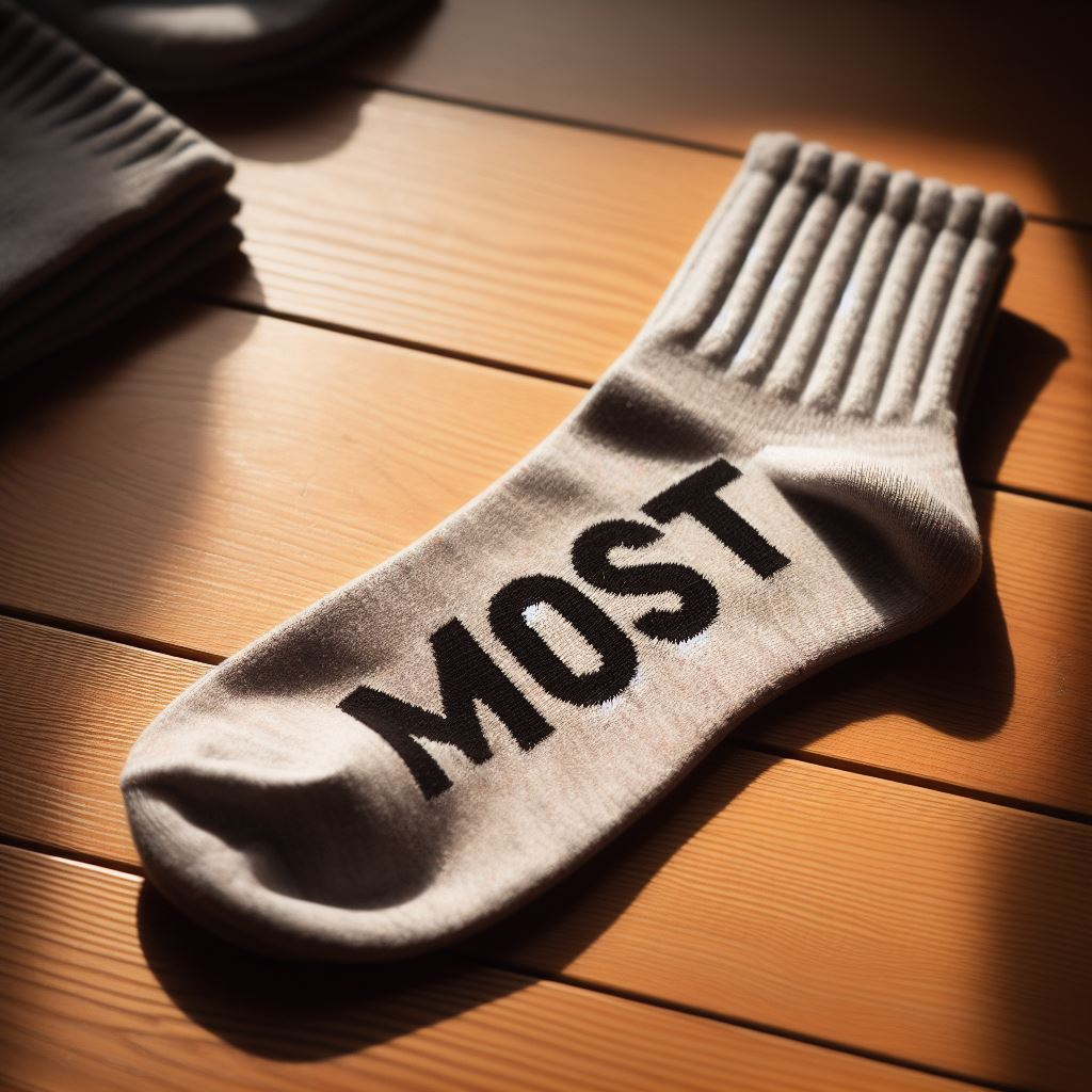 A customized sock is lying on the floor. It is made by EverLighten.