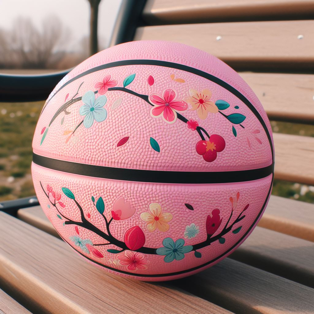 A spring-themed custom basketball on a park bench.