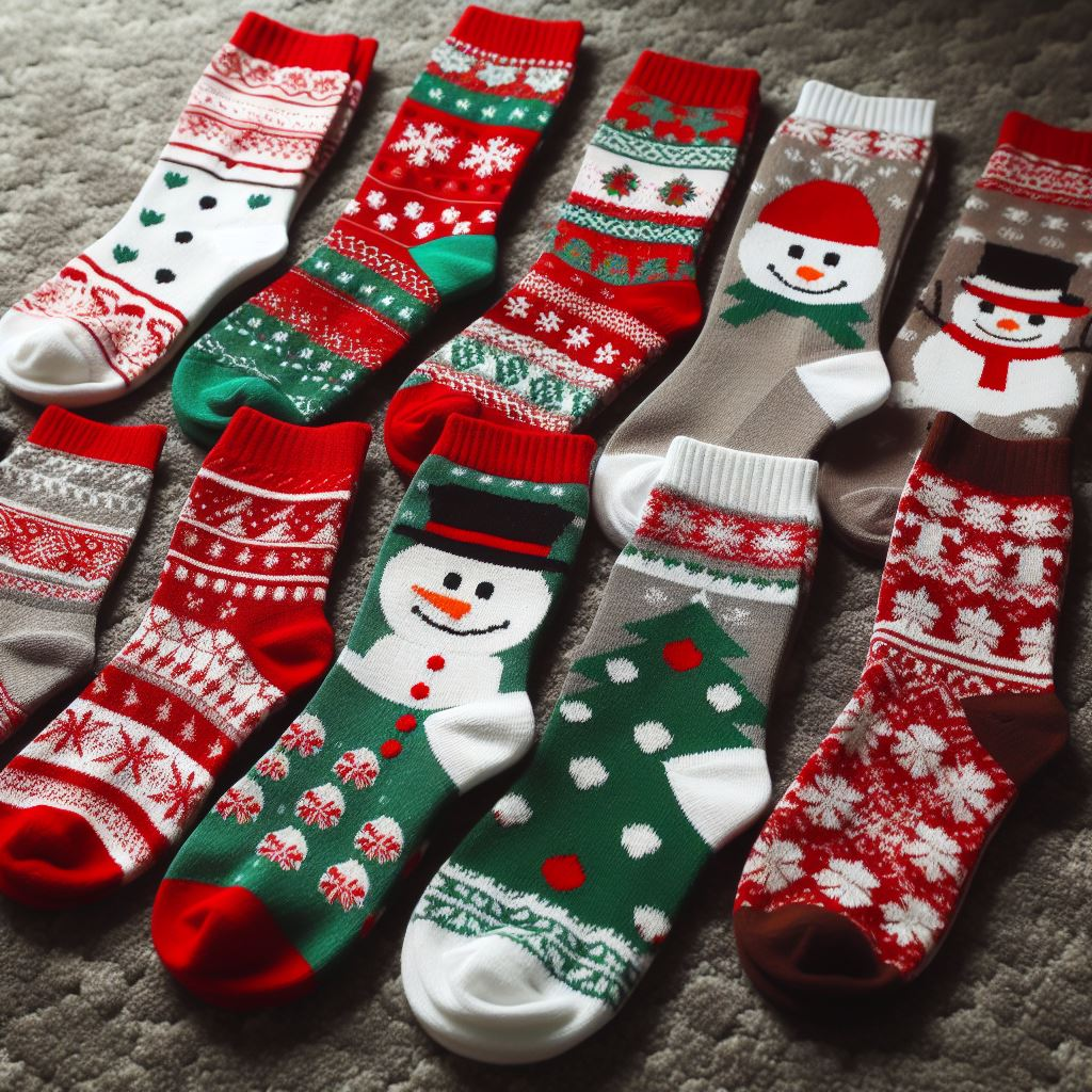 Custom socks manufactured by EverLighten lying on the floor. They have images of Christmas motifs.