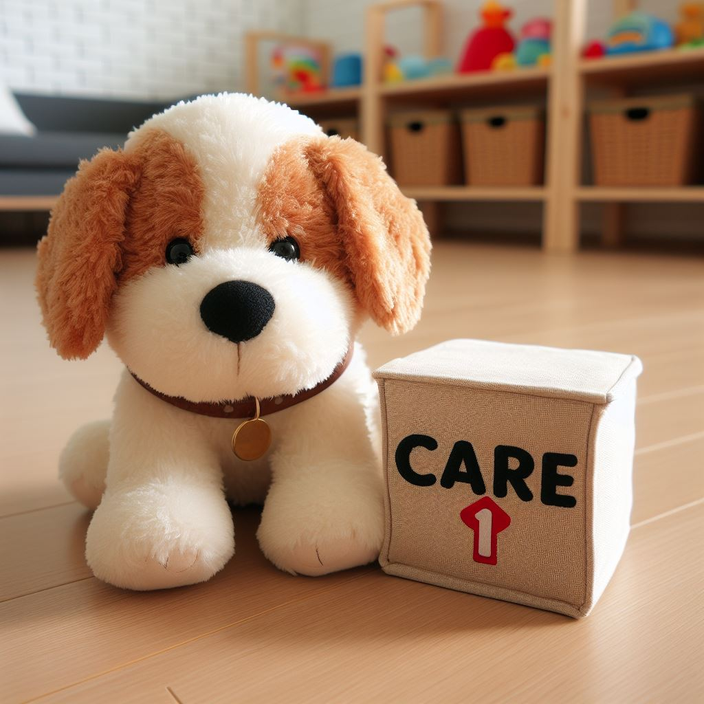 A cute puppy custom plush toy with a care box with the company's logo on it. It is on the floor.