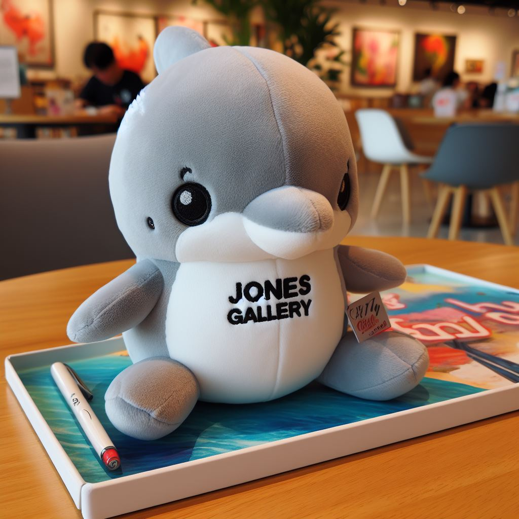 A custom plush toy that resembles a dolphin. It has a company's logo on it. It is sitting on a table.