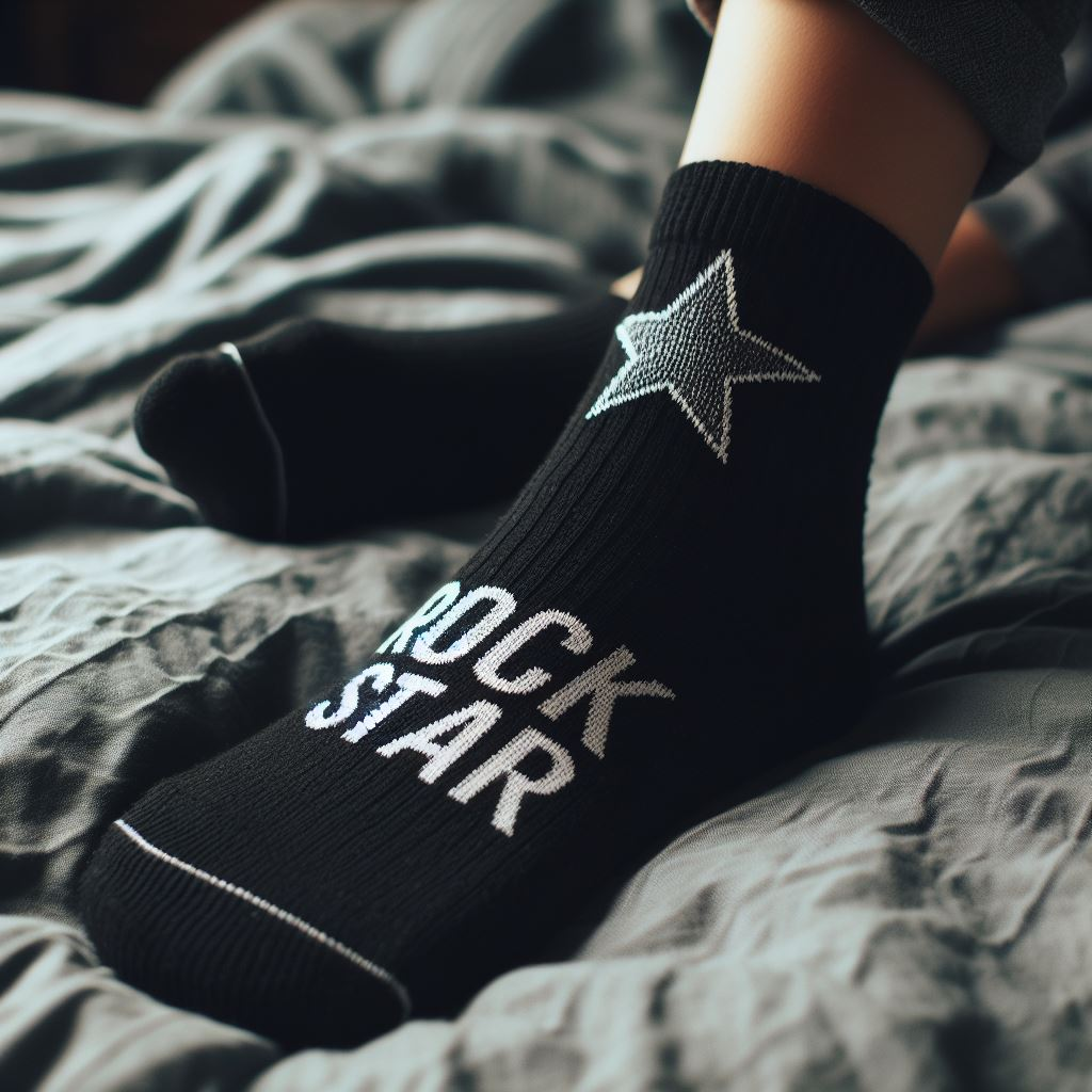 A person wearing black custom socks with the text Rock Star.