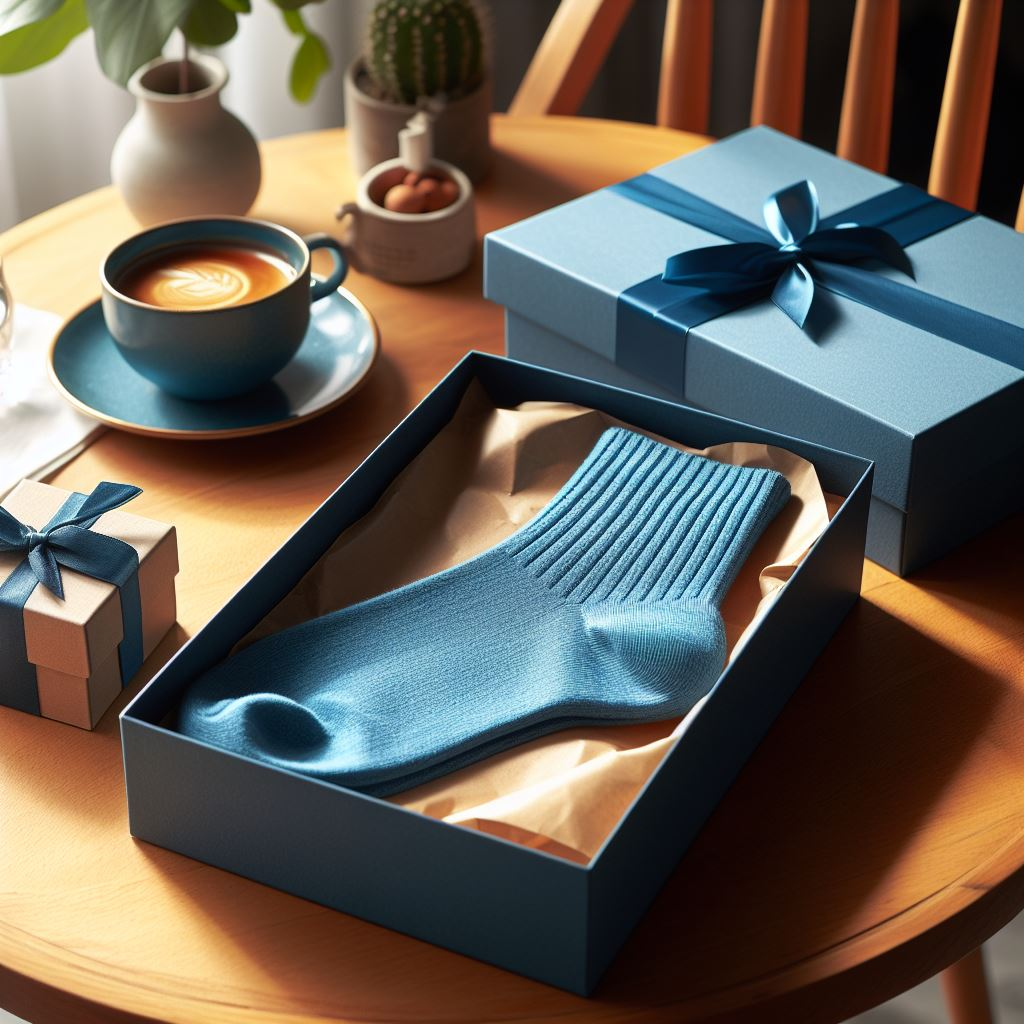 Blue custom socks in nice gift packaging.