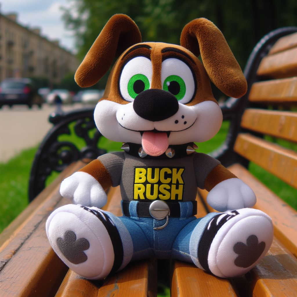 A cute dog character custom plush toy for a company is sitting on a park bench. It is wearing the company's logo on its t-shirt.