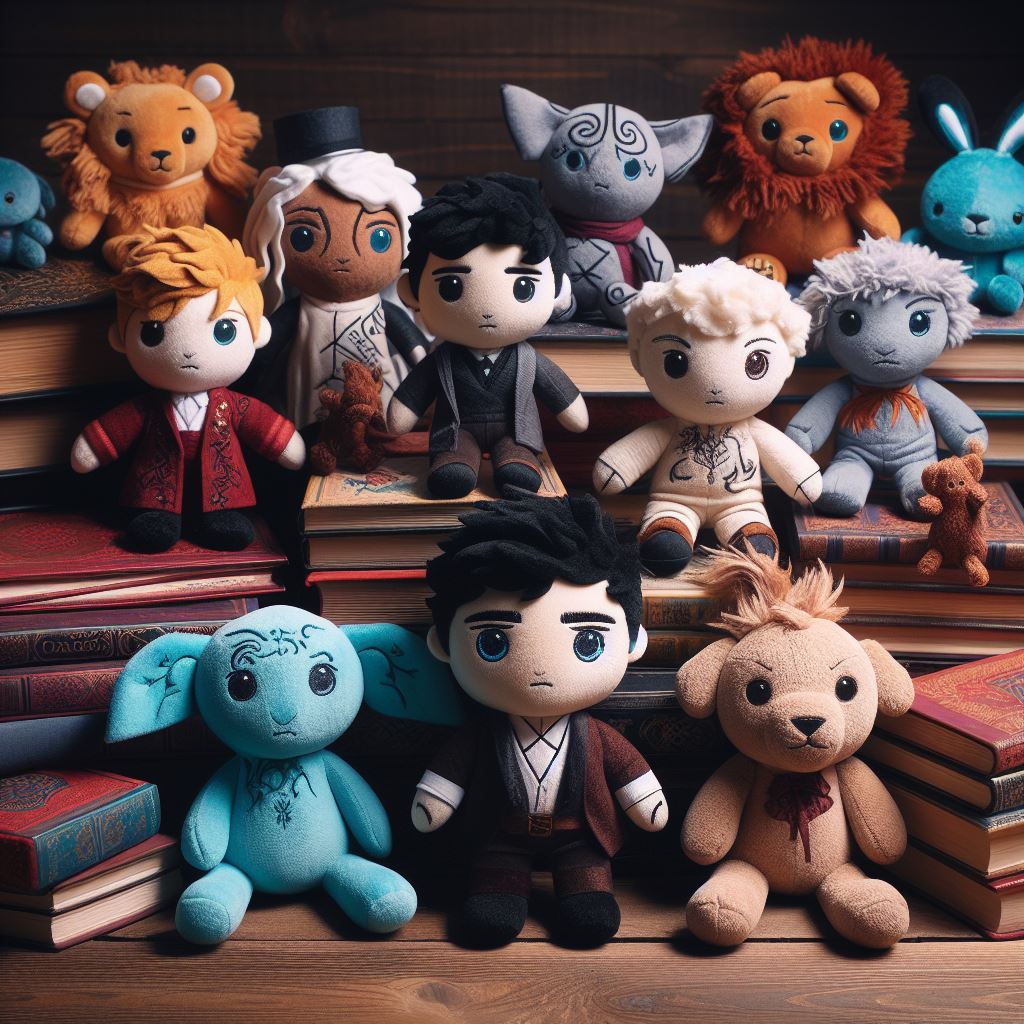 Custom plushies on a wooden table from the book A Darker Shade of Magic by V.E. Schwab.