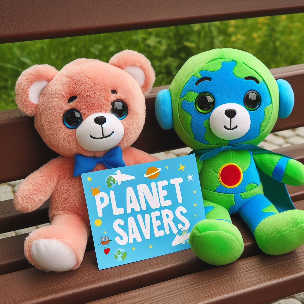 Custom stuffed plushies for environmental causes sitting on a park bench holding a small placard.
