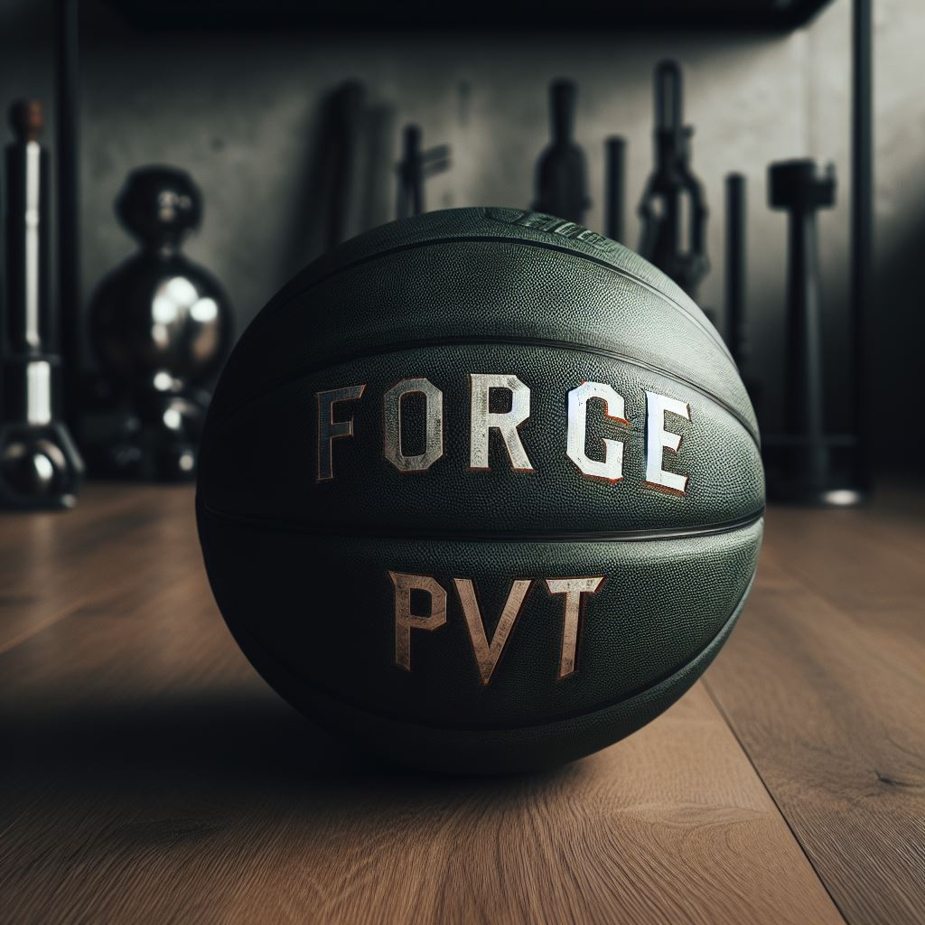 A custom-made basketball with the company's logo on the floor.