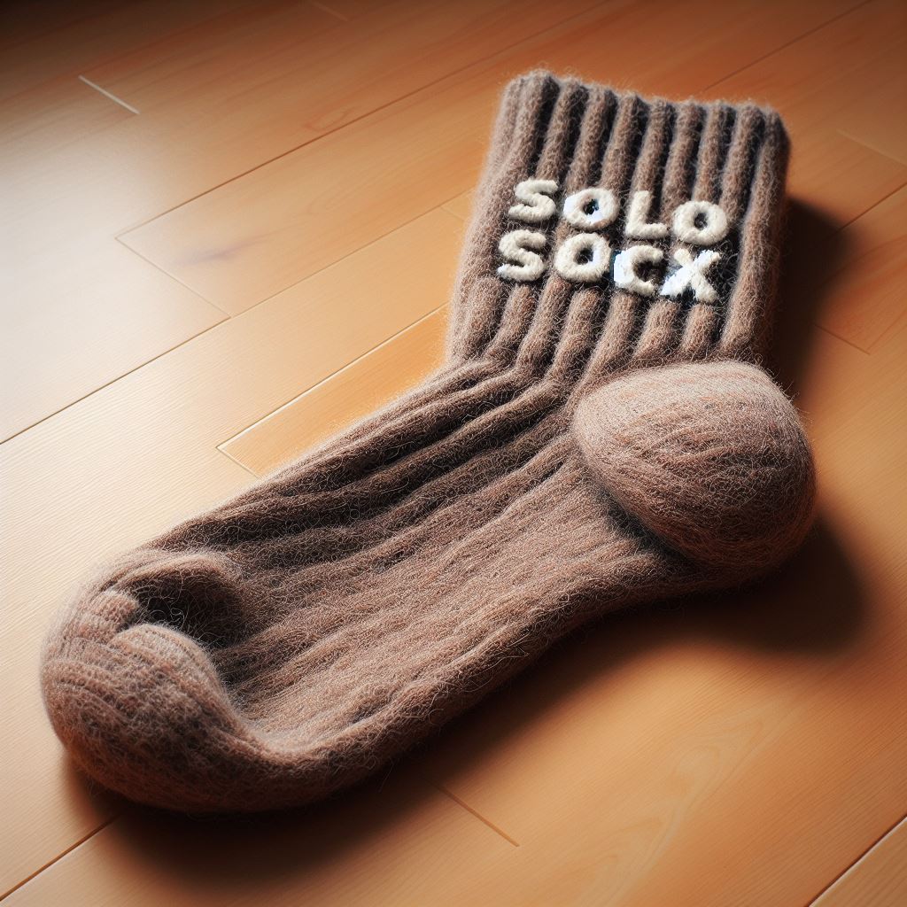 A light-gray heavy-duty custom socks made with merino wool with a logo lying on the floor.