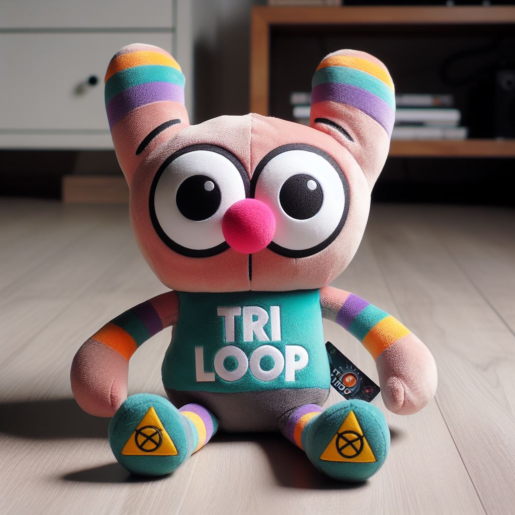 A unique custom plush mascot for a company. It is sitting on the floor.