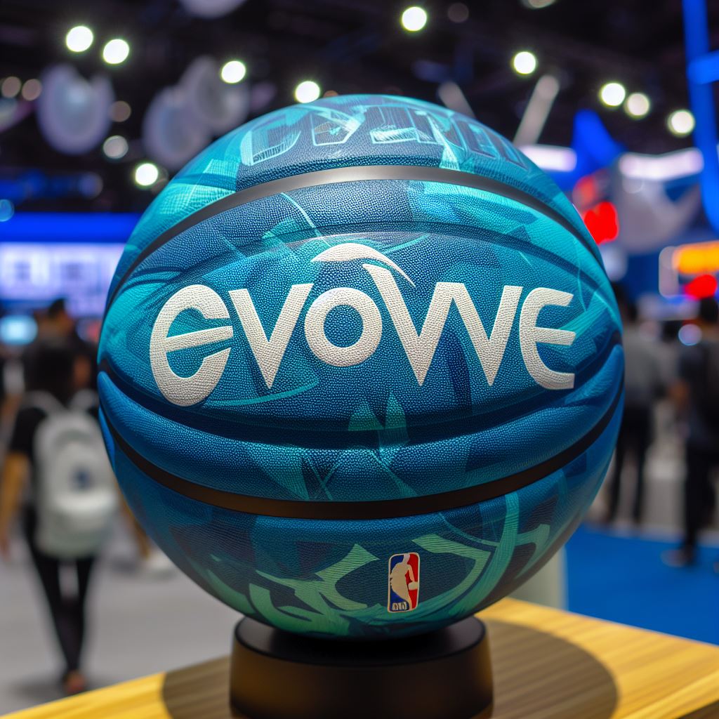 A blue custom basketball with the company's logo.