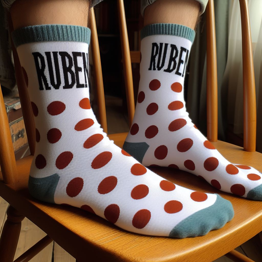 A person wearing polka-dotted custom socks with a company's logo sitting on a chair.
