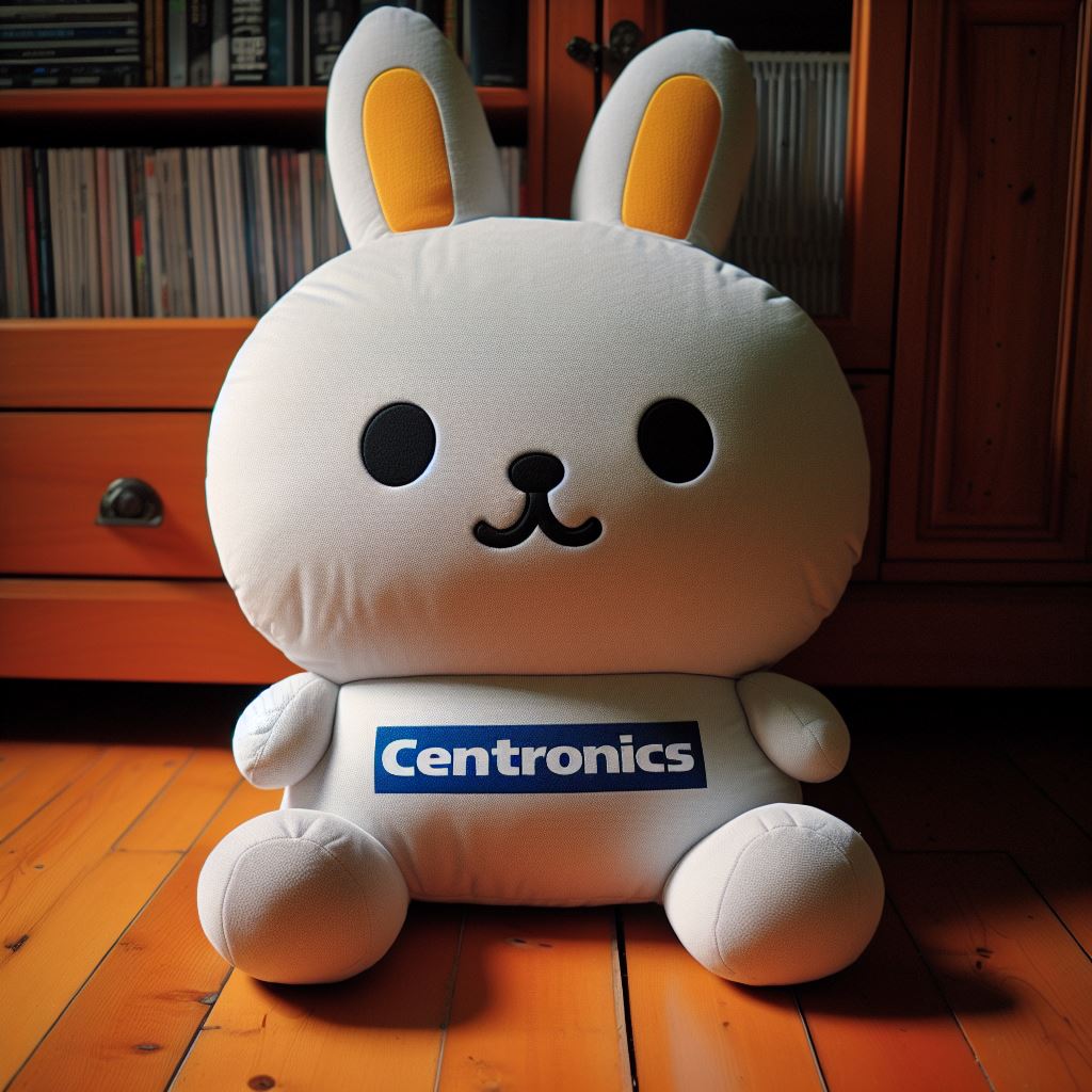 A custom plush toy for a company with the logo on it. It looks like a cute bunny. It is sitting on the floor.