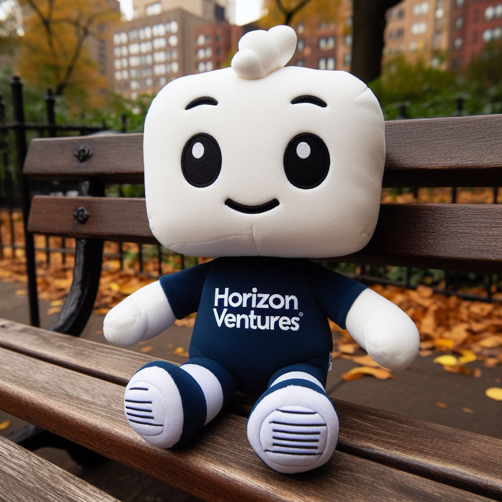 A custom stuffed mascot for a company sitting on a park bench. The logo is on the dark blue t-shirt.