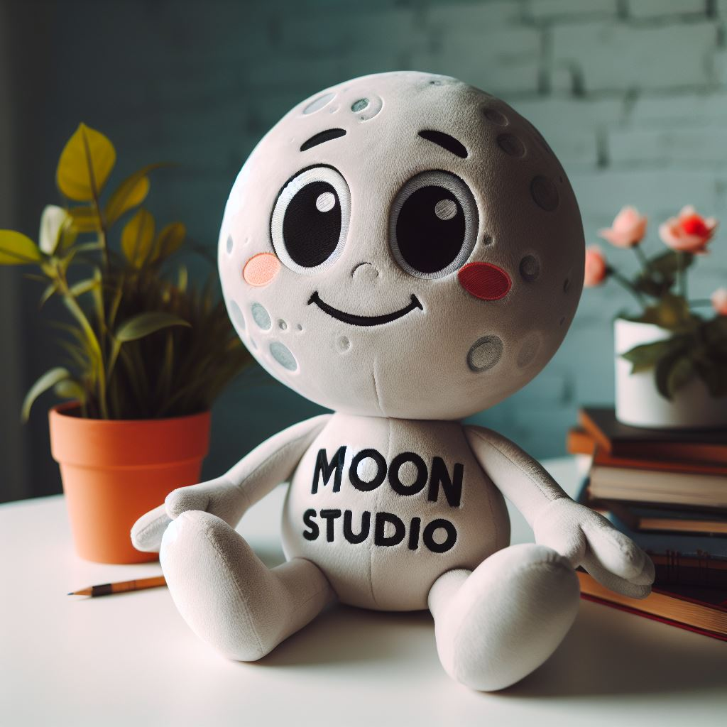 A custom plushie mascot that looks like the Moon. It is sitting on a table.