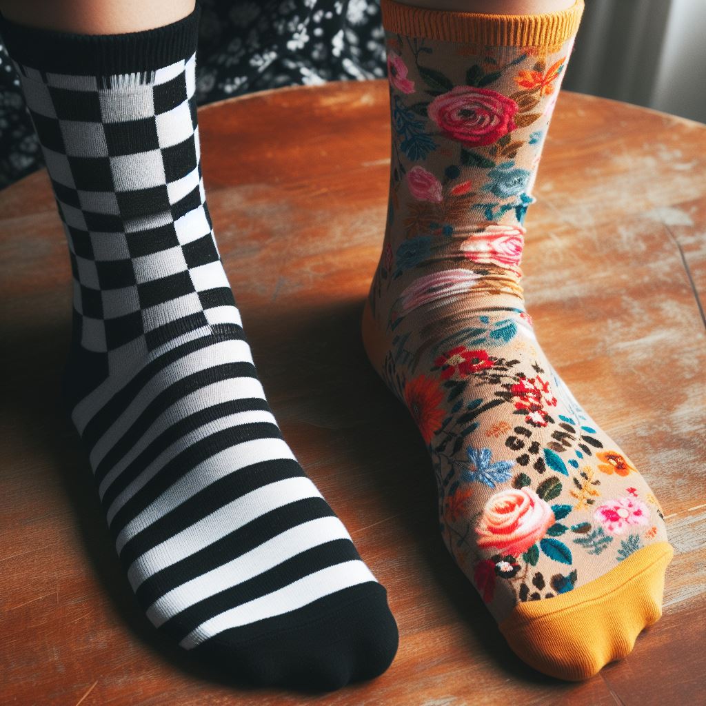 A person wearing mismatched socks. One is checkered and the other is floral.