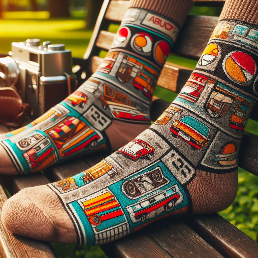 A person wearing retro-themed custom socks made by EverLighten on a park bench.