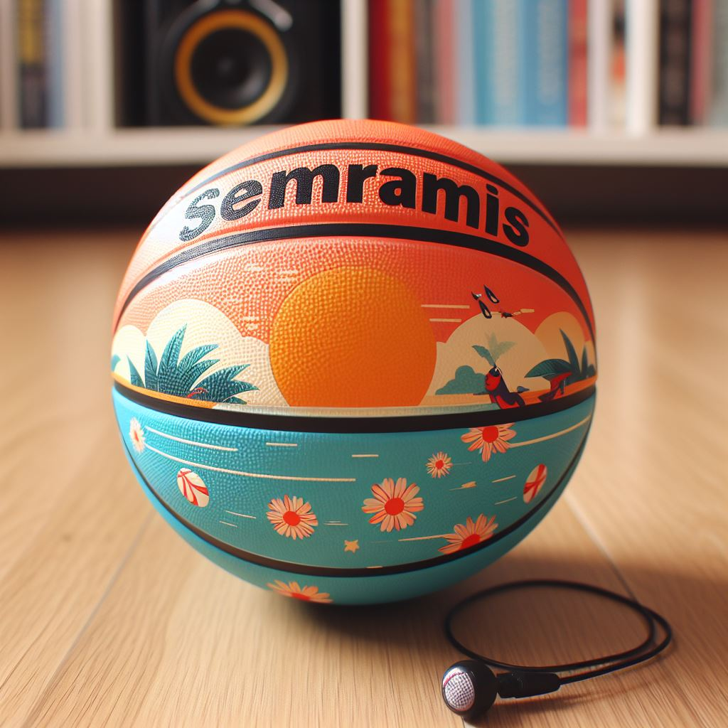 A summer-themed custom basketball on the floor.