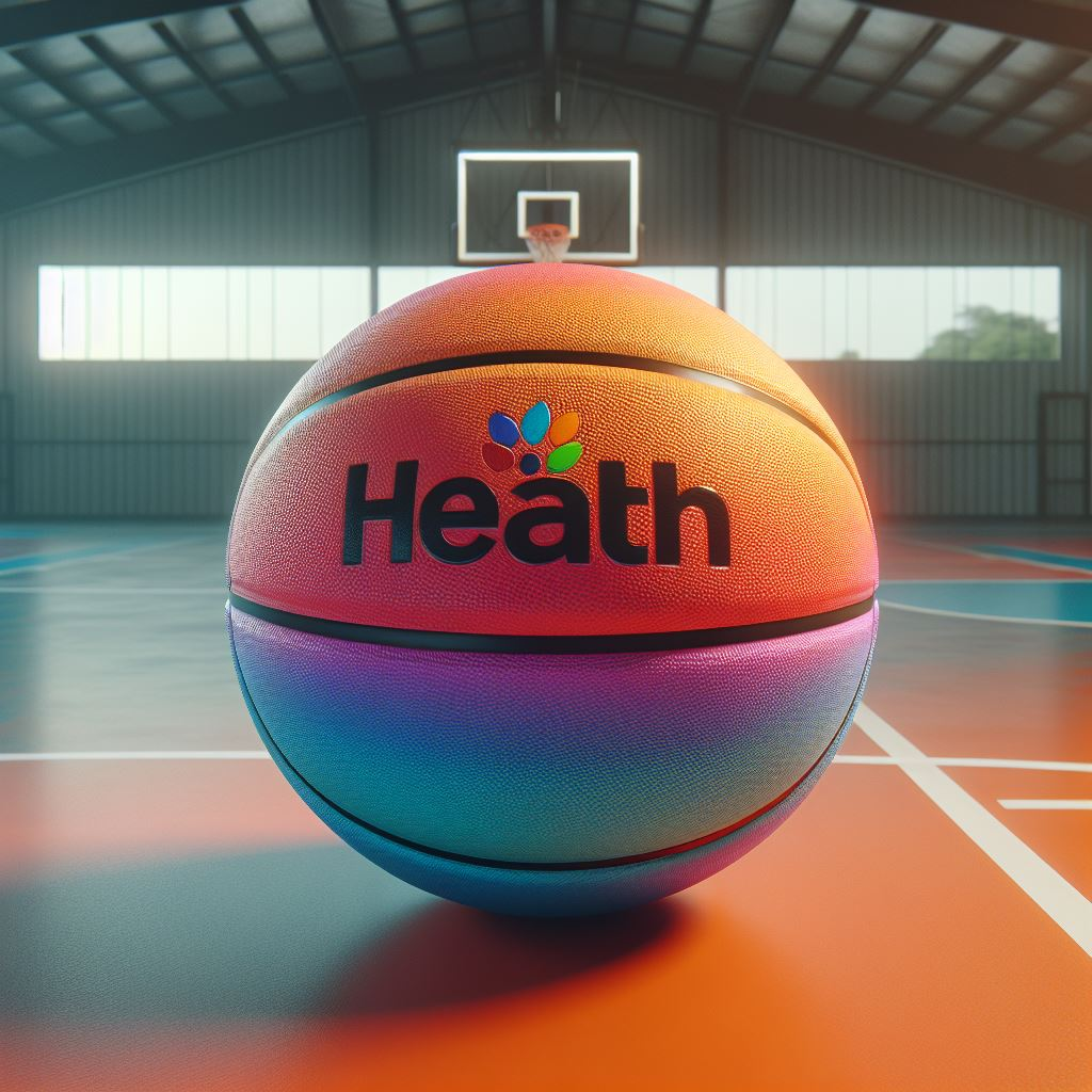 A very colorful custom basketball with various hues. It is lying on a basketball court.
