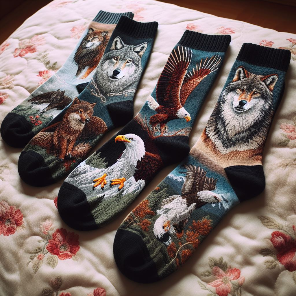 Custom socks with images of wildlife embroidered on them. They are kept on the floor.