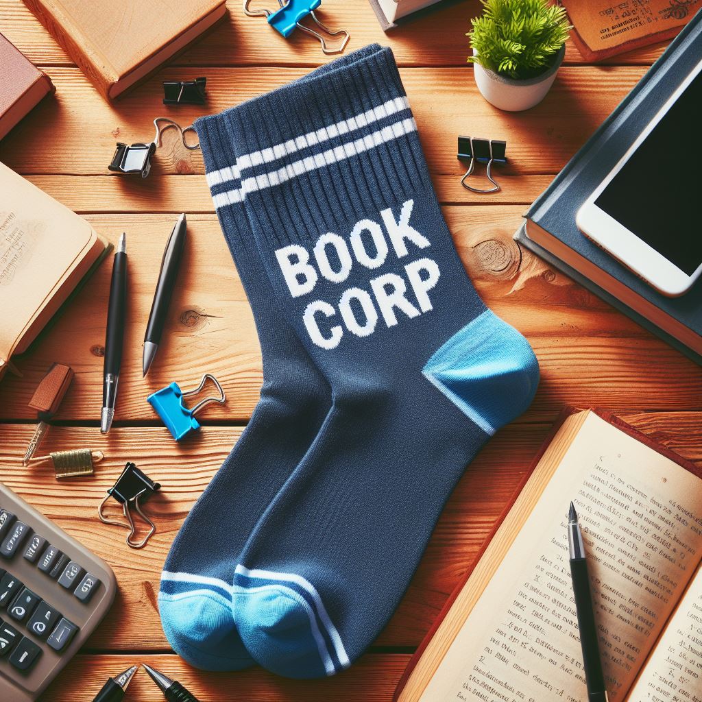 A light-blue custom sock with a logo on a table.