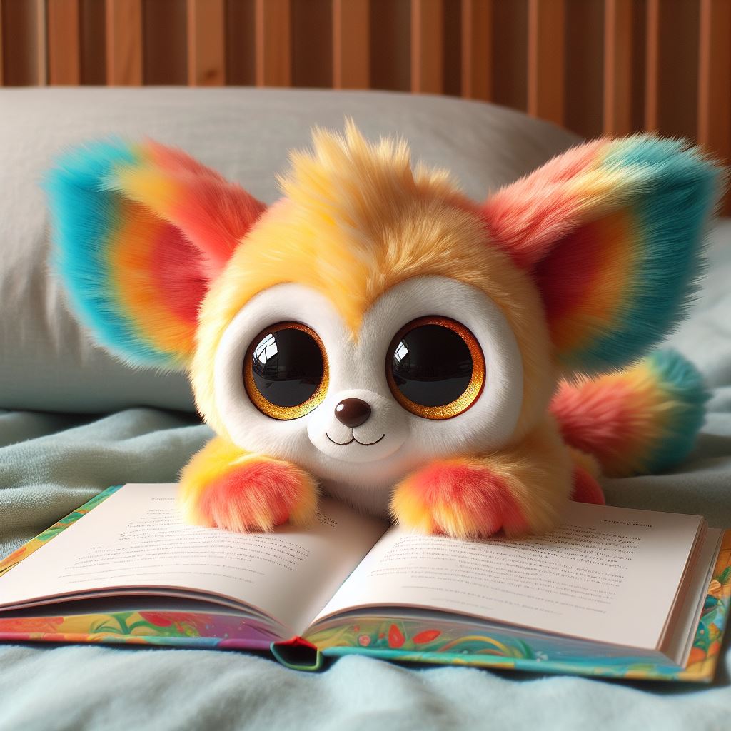 An extremely colorful custom plush animal reading a book.