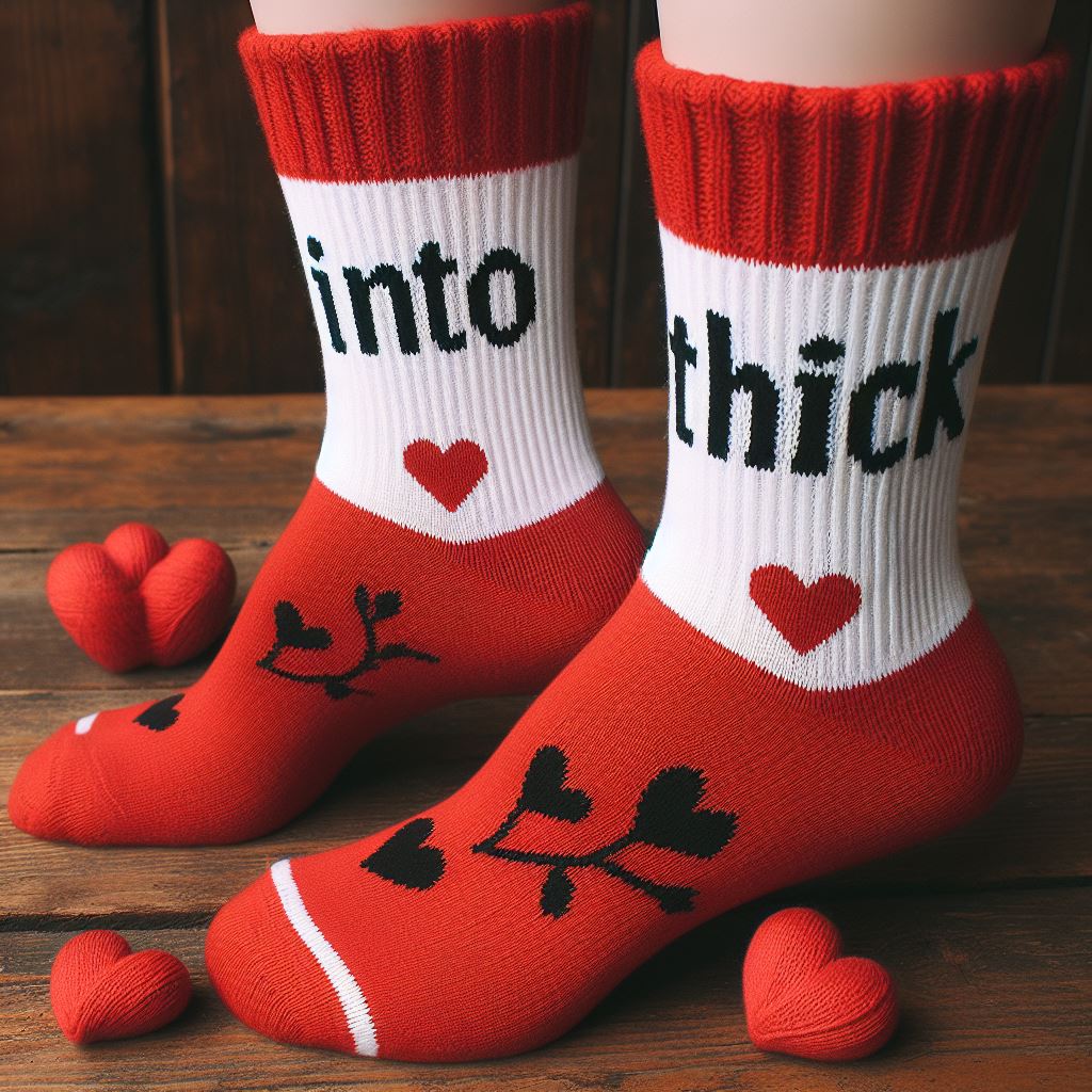 Red and white custom socks for Valentine's Day with the brand name.