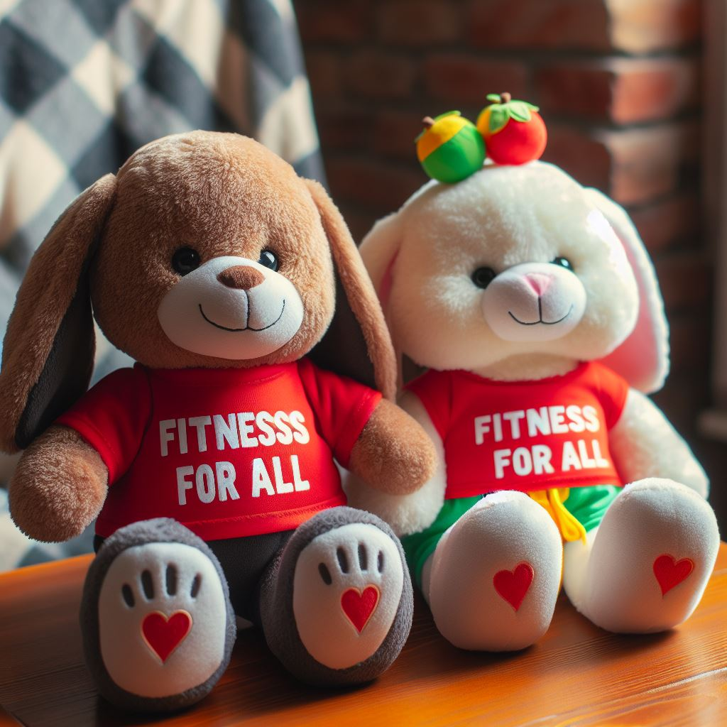 Two custom plush toys for a charitable trust sitting on the table. The logo is on their t-shirts.