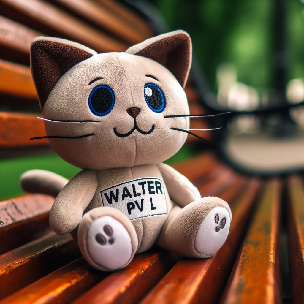A cute cat custom plush toy on a park bench. The company's logo is on its t-shirt.
