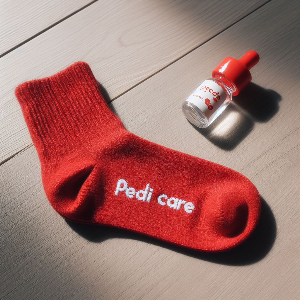 A red custom sock is lying on the floor.