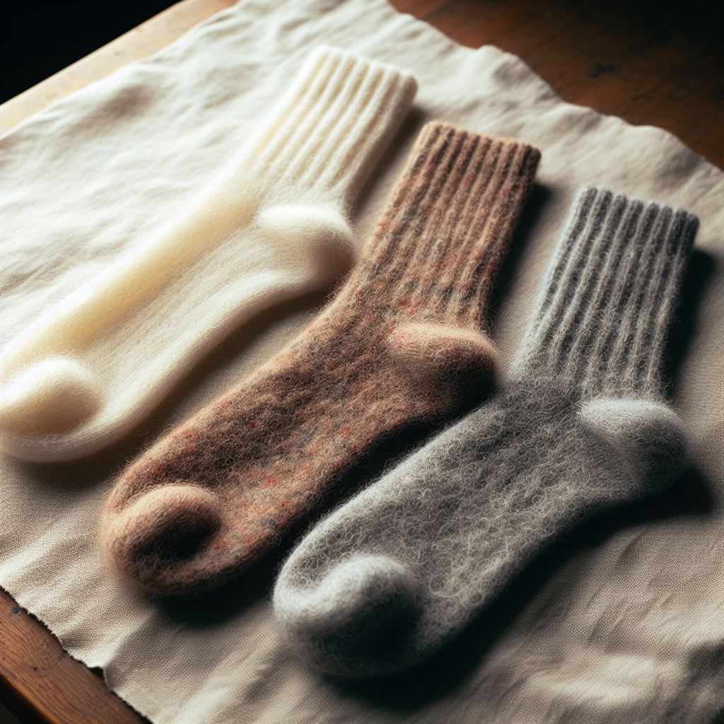 Three woolen custom socks on a table.