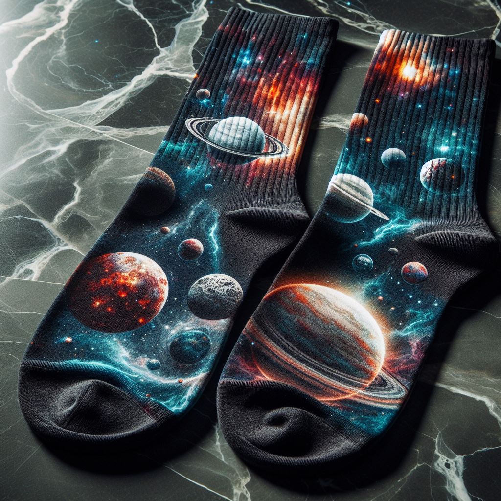 Trending custom socks on TikTok with images of a galaxy lying on a marble floor.