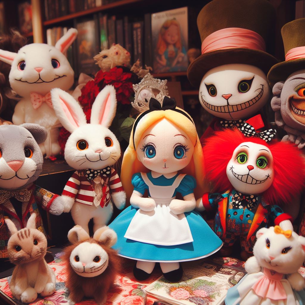 Custom plush toys from the book Alice in Wonderland on a table.