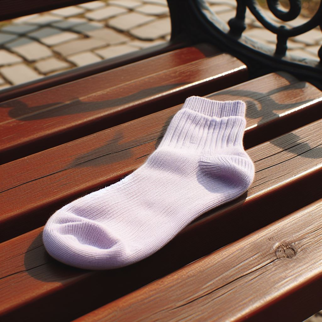 A custom sock in Pastel Lilac made by EverLighten. It is lying on a park bench.