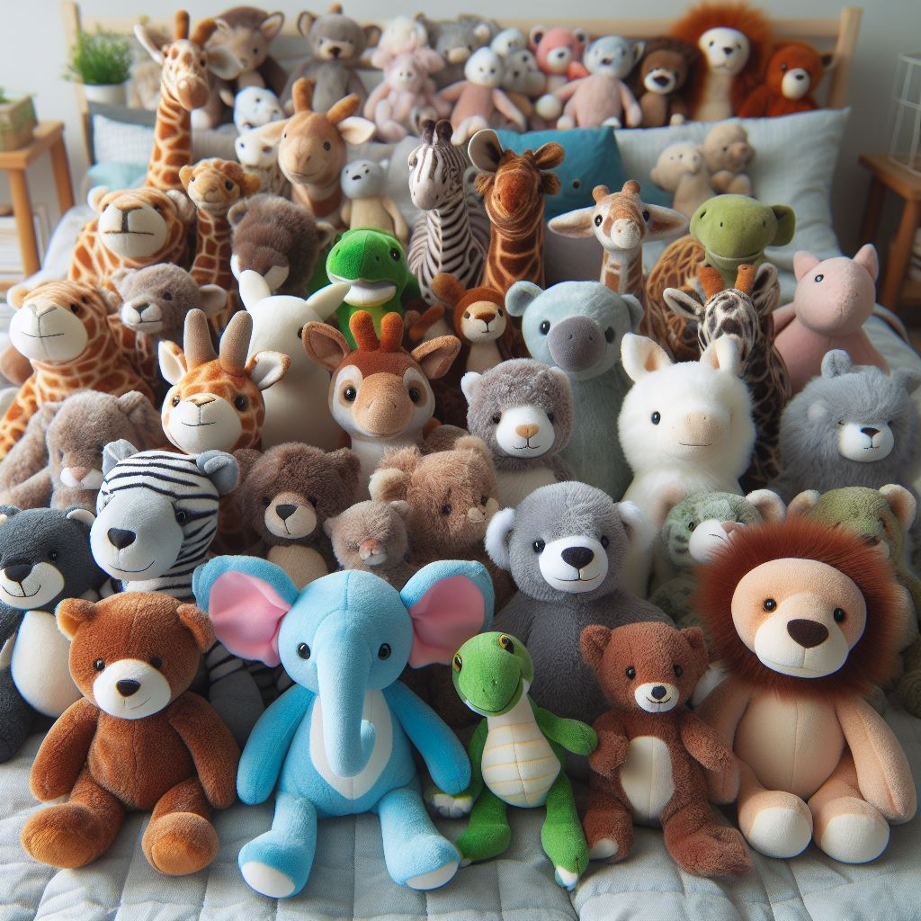 Many custom stuffed animals in different sizes and colors.