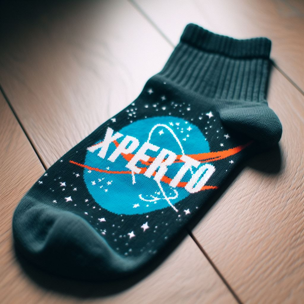 A blue custom logo sock is lying on the floor. The logo is a mix of pictures and text.