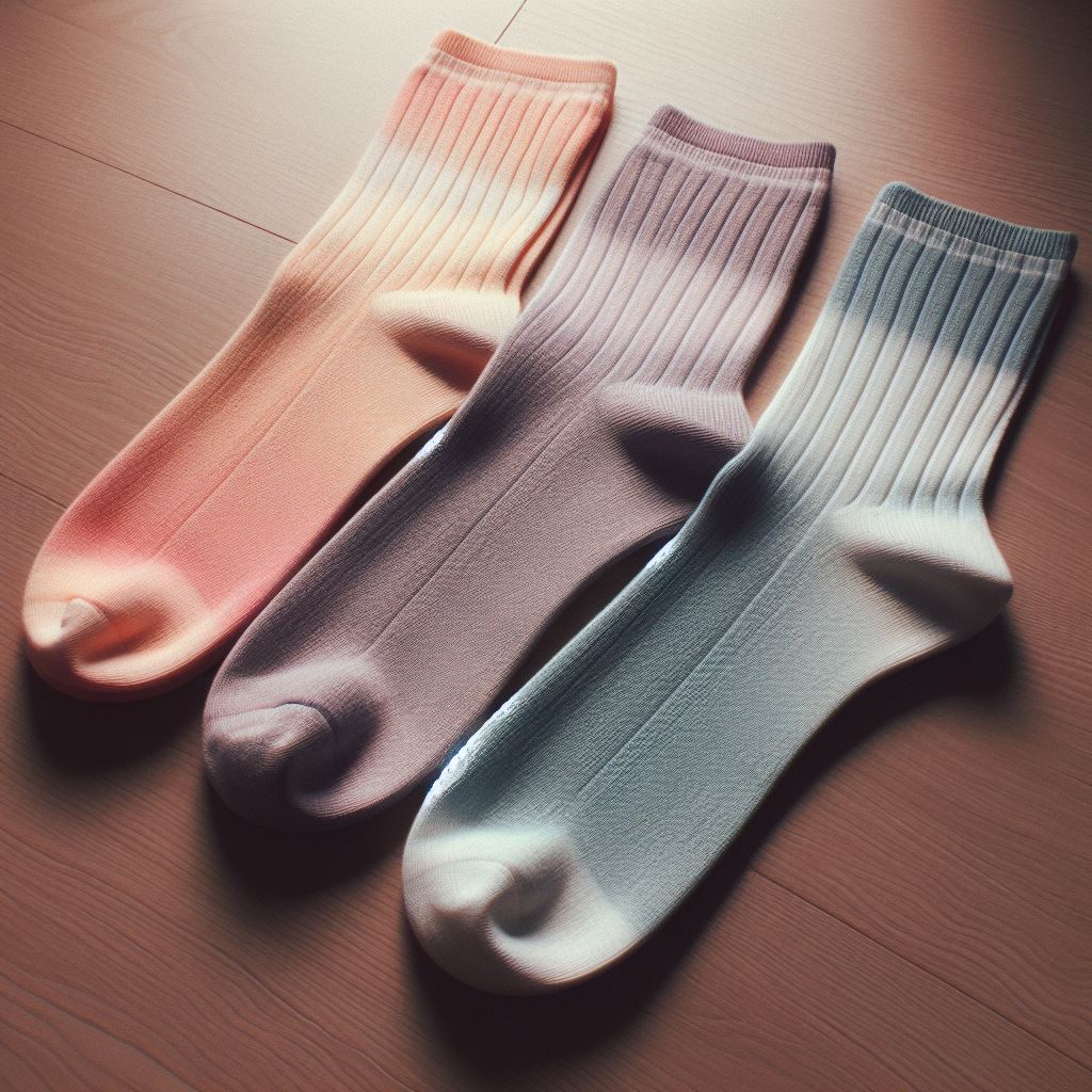 Custom socks on the floor with a subtle gradient of pastel colors.